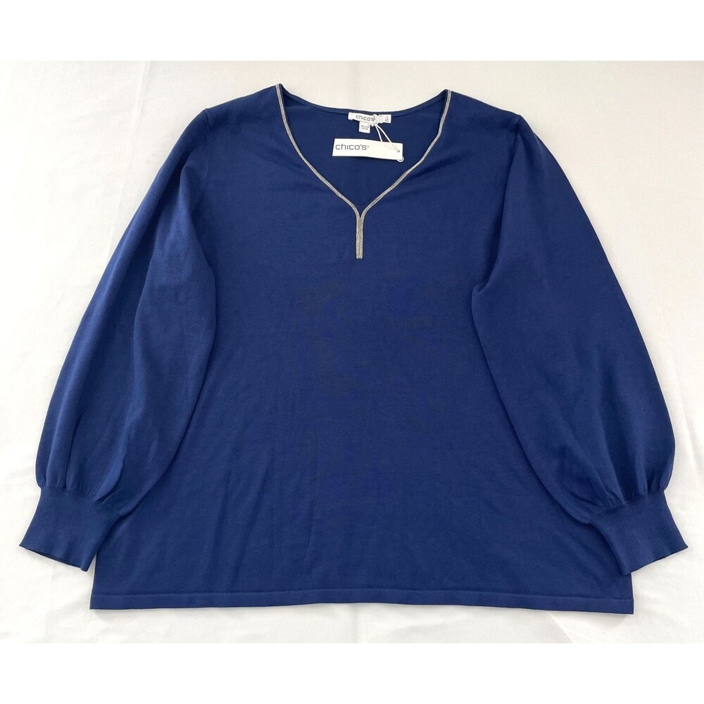 Chico’s Caviar Trim V-Neck Pullover Sweater Blue/Cobalt Night Sz 4, US XXL NWT